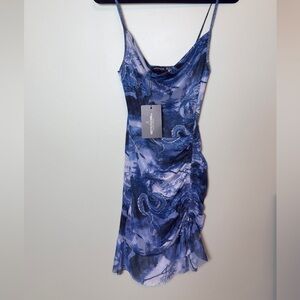 Pretty Little Thing blue mesh dragon print ruched bodycon dress